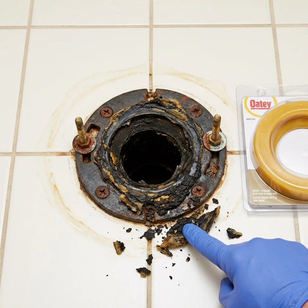 Failed wax ring showing water seepage at the base of a toilet in a Richwood, NJ home