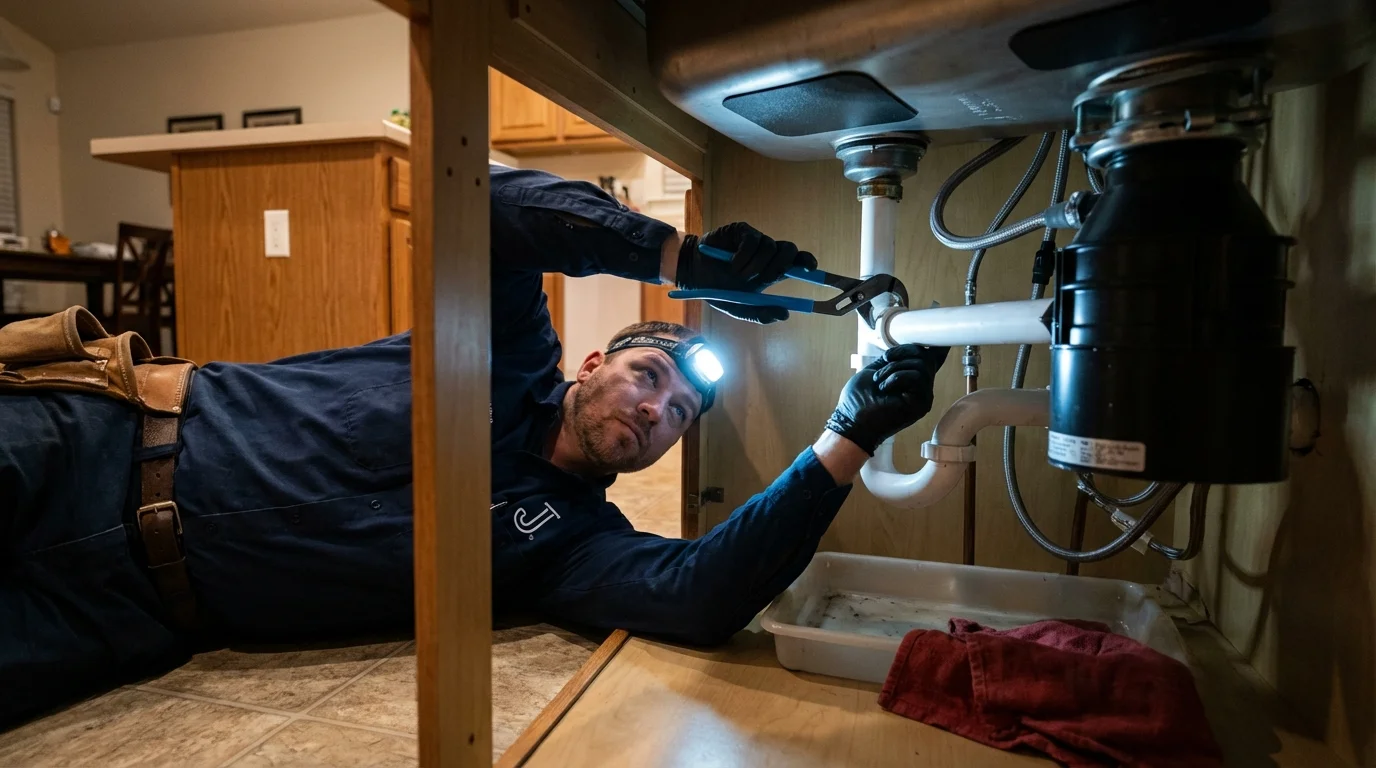 P-trap and supply line connections under a kitchen sink showing a common leak point in Richwood, NJ